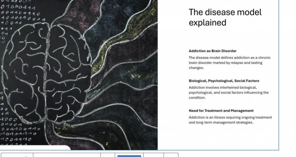 Infographic explaining the disease model of addiction with a chalk‑drawn brain and binary code.