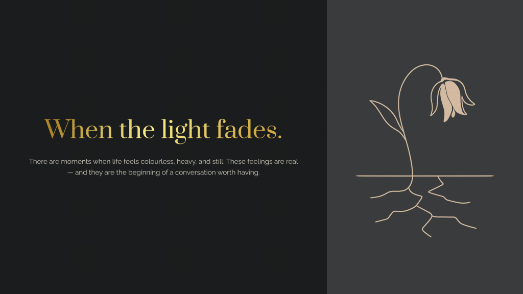 Minimalist illustration of a wilted flower with roots, symbolising the heaviness and stillness often felt in grief.