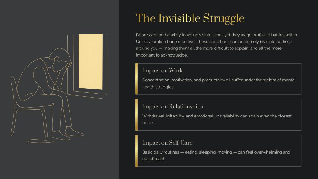 Illustration of a person sitting by a window representing the hidden impact of anxiety and depression.
