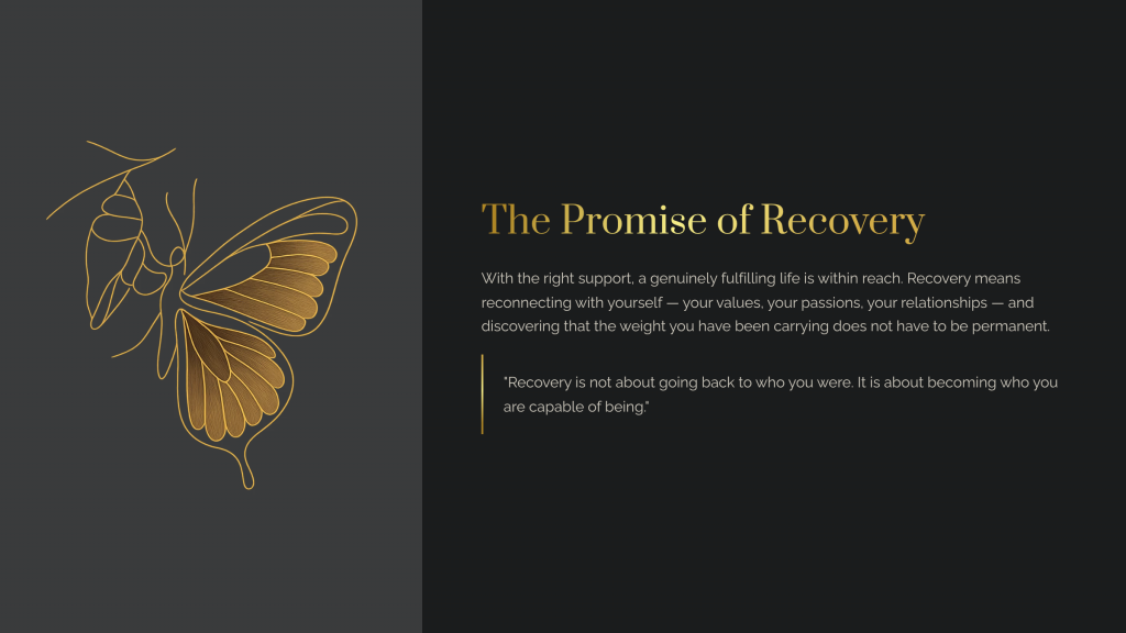 Minimalist line drawing of a butterfly resting on a hand beside a hopeful message about recovery and personal transformation.”