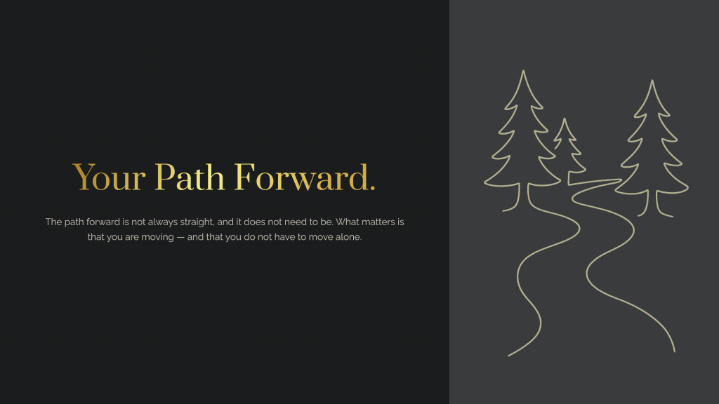 Minimalist illustration of a winding path through trees alongside text about taking steps forward in recovery.