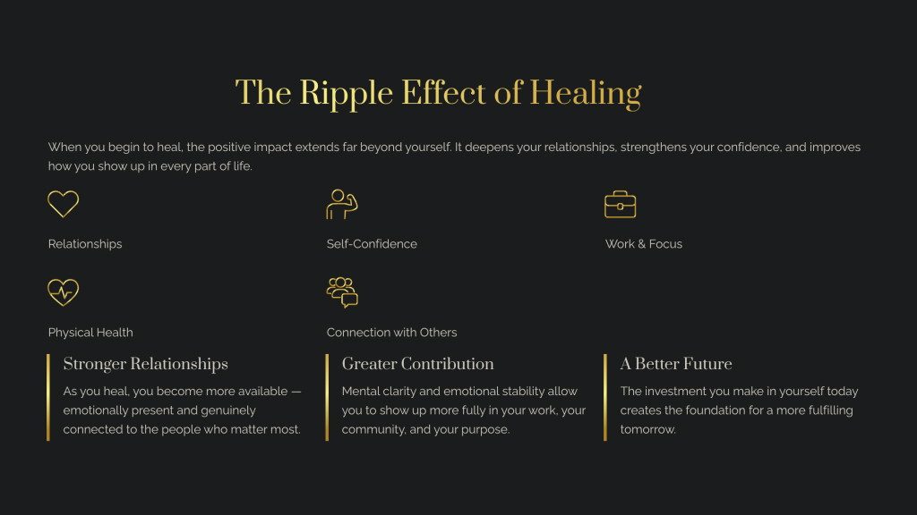 Infographic showing how healing from trauma improves relationships, confidence, health, and connection.