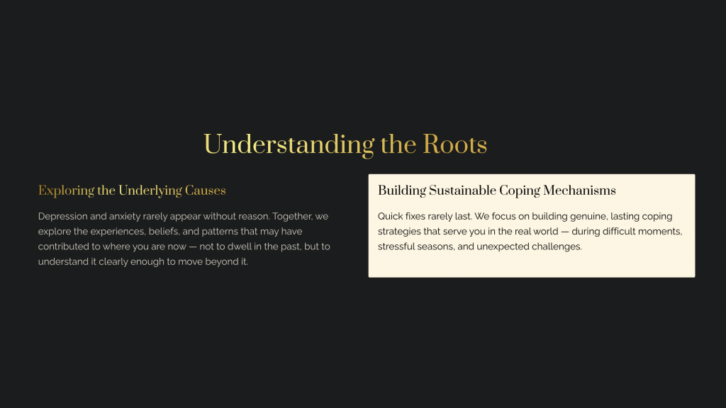 Infographic explaining underlying causes of anxiety and depression and how coping mechanisms are built in therapy.